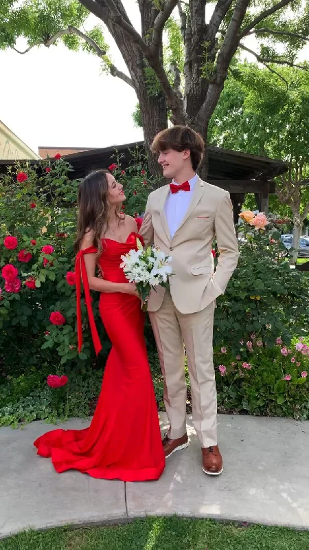Sleeveless DressElegant Red Satin Mermaid Prom Dress,Red Long Formal Gown,Pageant Dress  Y2236