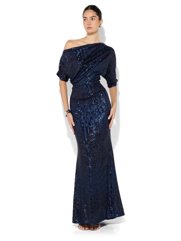 women's denim dressesDella Navy Sequin Gown