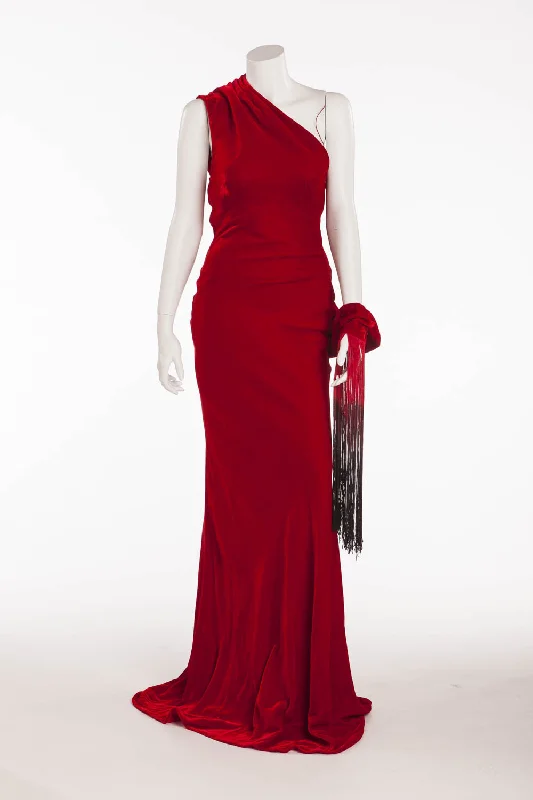 women's cocktail dressesOriginal Alexander McQueen - Red Long Velvet Grecian Gown with Arm Tassel - IT 40 women's cocktail dressesOriginal Alexander McQueen - Red Long Velvet Grecian Gown with Arm Tassel - IT 40