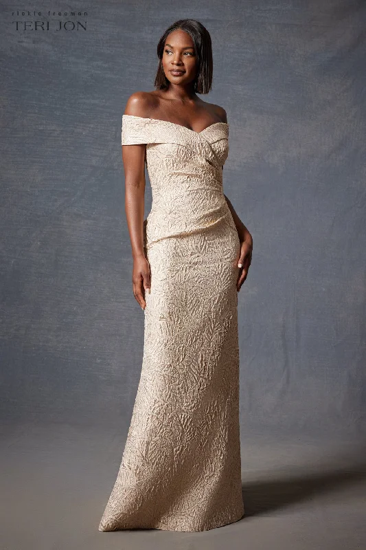 women's designer dressesMetallic Jacquard Portrait Collar Side Drape Gown