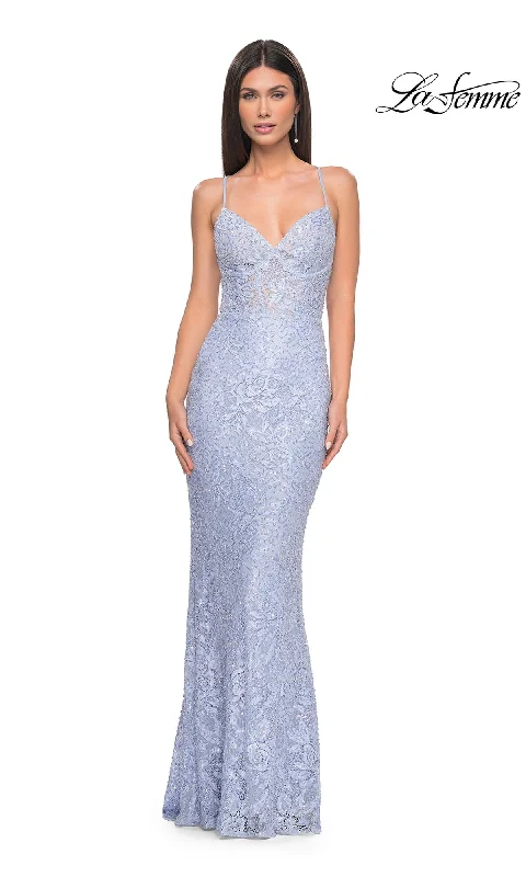 women's glam dressesLong Periwinkle Lace Prom Dress: La Femme 32434