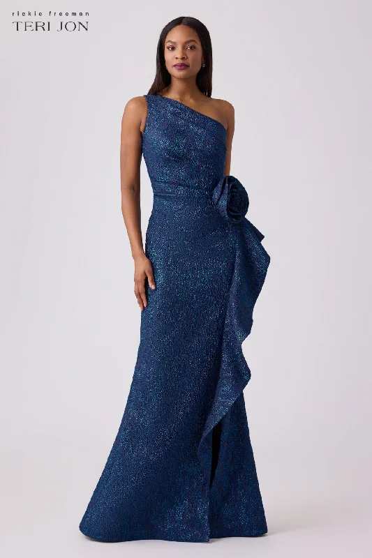 women's limited-edition dressesJacquard Side Ruffle Gown with 3D Drape