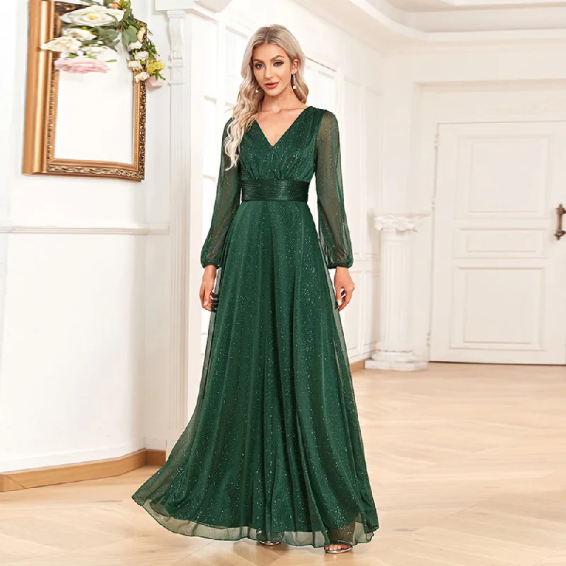 women's denim dressesJacqueline Elegant Green V Neck Long Sleeves Gown