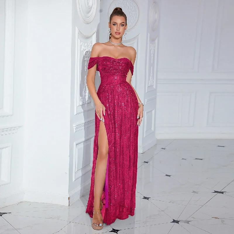 women's lace dressesSequin Off Shoulder High Slit Gown