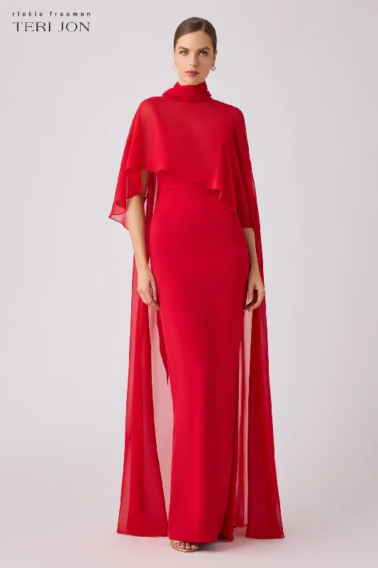 women's versatile dressesCrepe Slip Bodice Gown With Chiffon Cape Overlay
