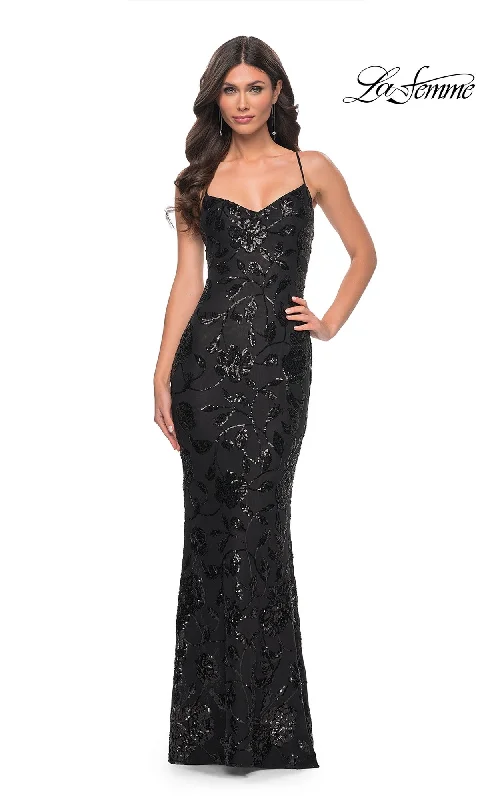 Wedding DressLong Black Sequin-Print Prom Dress: La Femme 32415