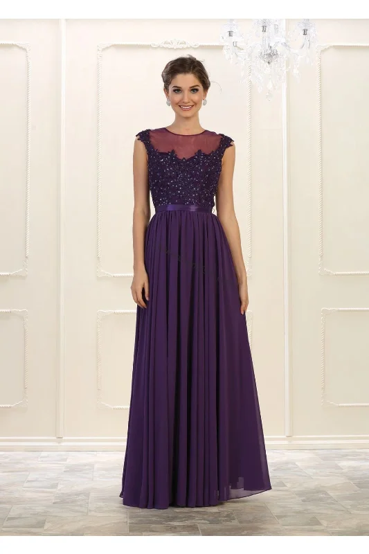 Embellished DressLA Merchandise LA1428 Boat Neck Cap Sleeve Formal Dress