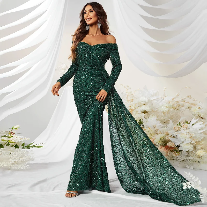 Casual Chic DressFiona Sequined off Shoulder Long Sleeve Ball Gown