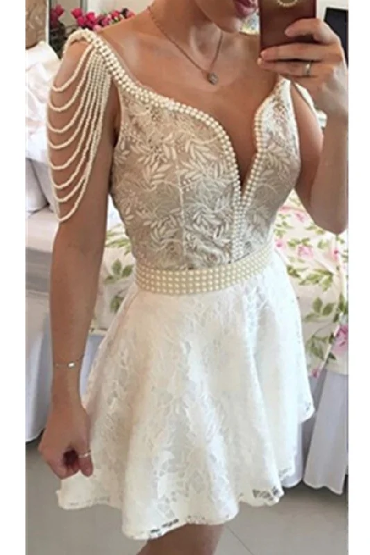 Tiered DressWhite Lace Beading V-neck Open Back Formal Short Homecoming Dress K445 Tiered DressWhite Lace Beading V-neck Open Back Formal Short Homecoming Dress K445