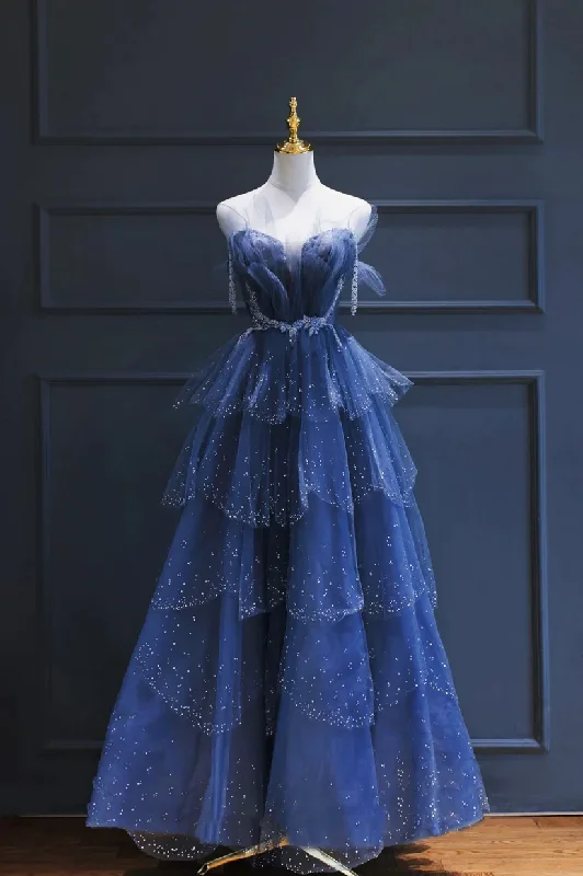 women's boho dressesBlue Tulle Beaded Long A-line Prom Dress Y1547