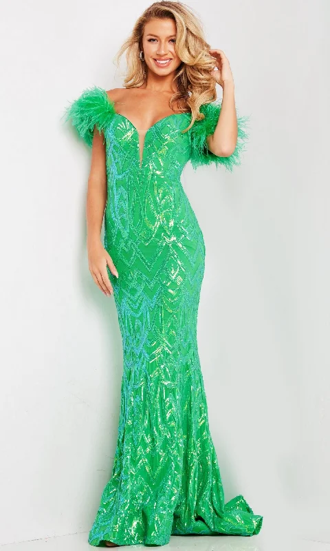 women's casual Friday dressesJovani Feather-Trim Long Sequin Prom Dress 23383