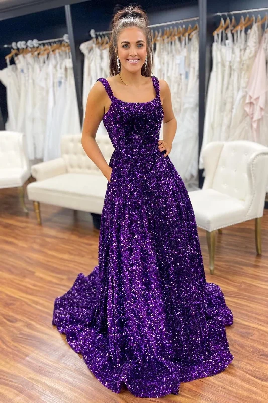 Prom DressRed Sequin Square Neck Backless A-Line Long Prom Dress Y1534