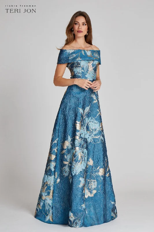 women's glam dressesLarge Floral Pattern Jacquard Off the Shoulder Gown