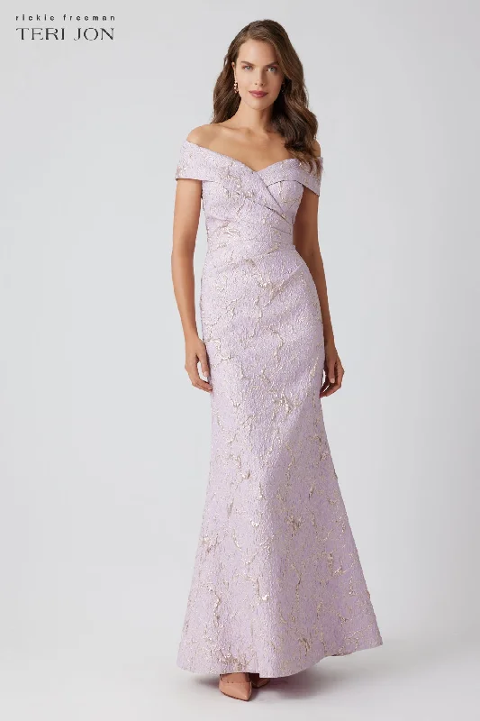 women's unique dressesMetallic Jacquard Portrait Side Drape Gown