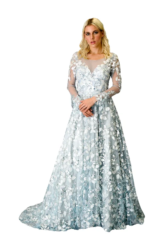 Short-Sleeve DressTrain Ostrich Feathers Gown