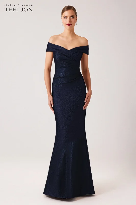 women's custom dressesMetallic Jacquard Portrait Off Shoulder Gown