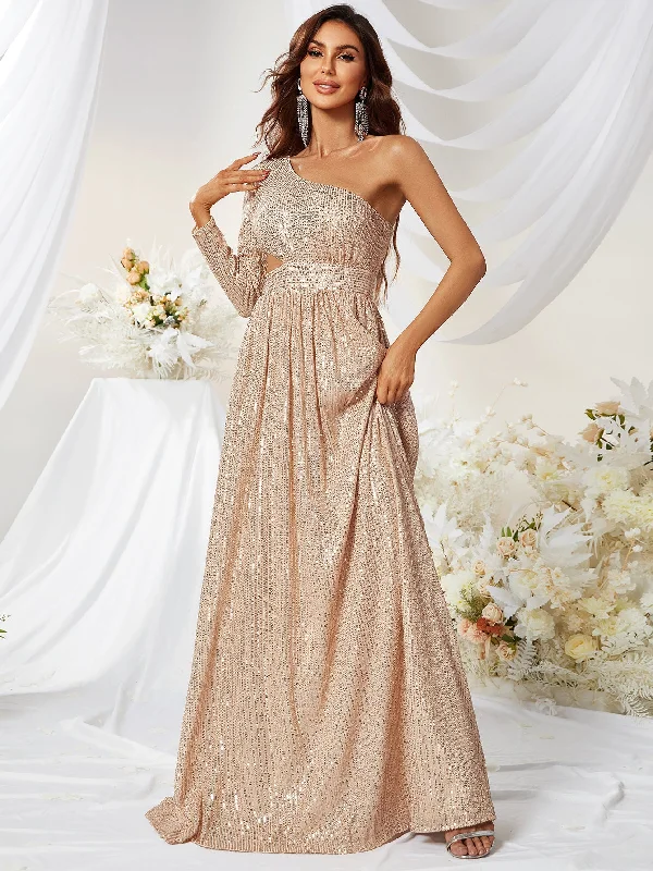 women's prom dressesAndrea Sequined One Shoulder Gold High Slit Gown