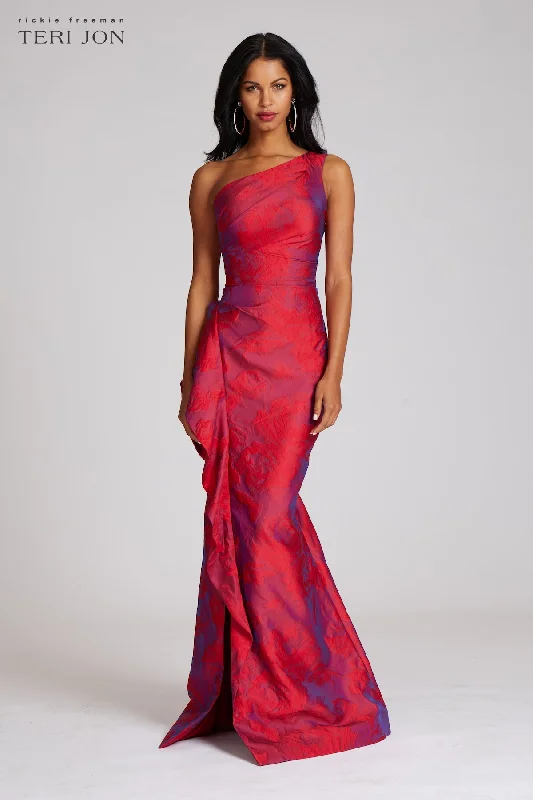 women's sustainable dressesJacquard One Shoulder Ruched Side Peplum Print Gown