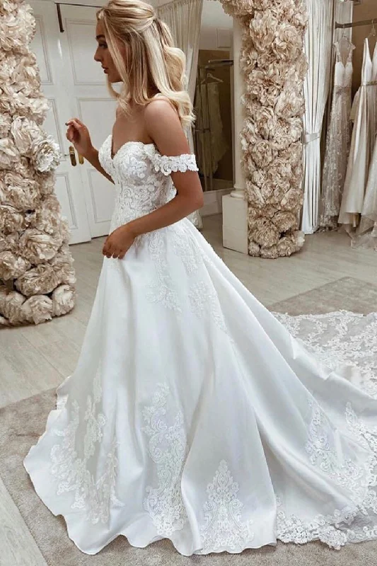 Sheath DressA-line Sweetheart Off Shoulder Lace Appliques Elegant Bride Gowns OKV39