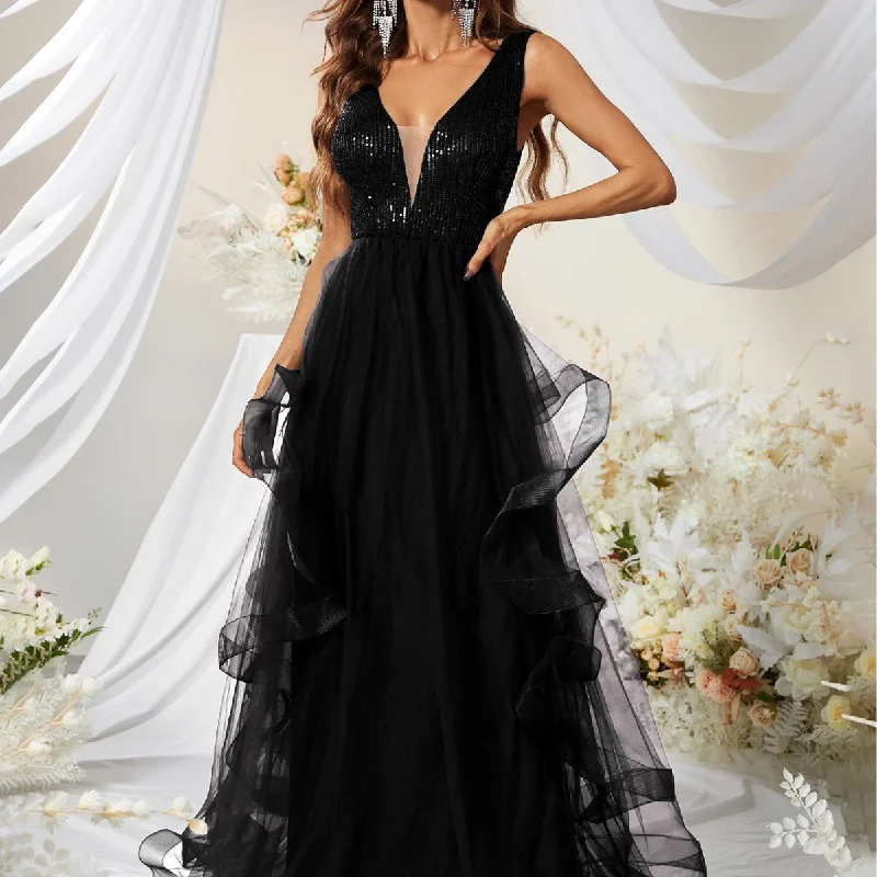 women's maxi dressesBlack Sequined V Neck Gown