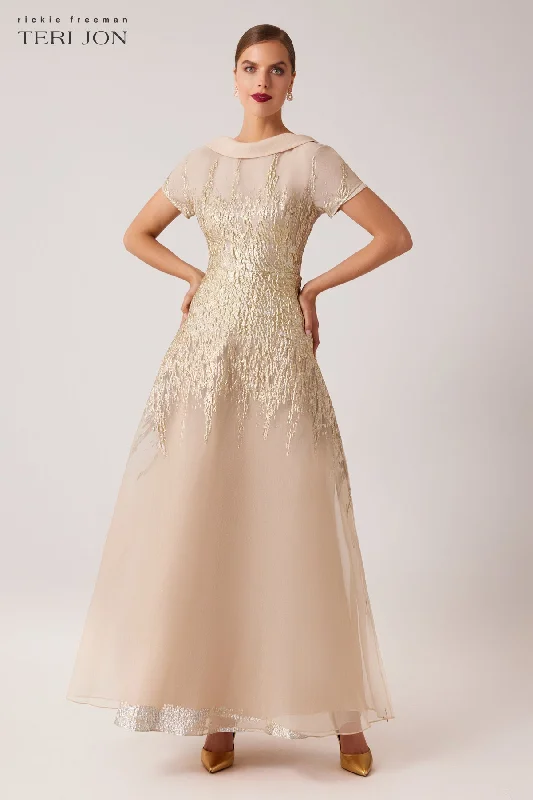 Ball Gown DressRoll Neck Cap Sleeve Metallic Organza Jacquard Gown
