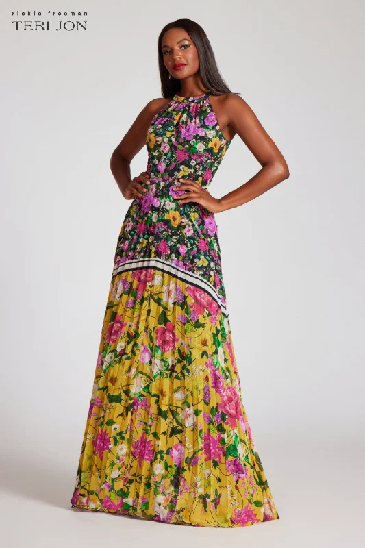 Formal DressFloral Pleated Halter Neck Gown