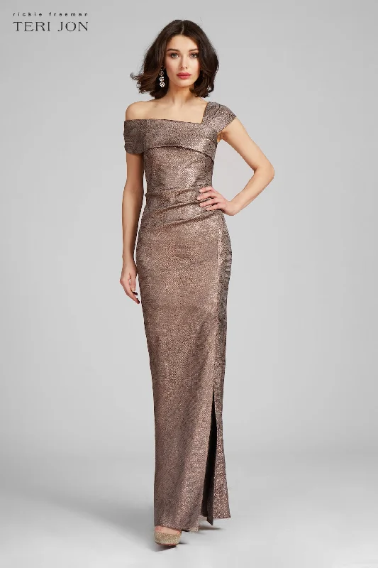 women's party dressesMetallic Jacquard Asymmetrical Shoulder Gown