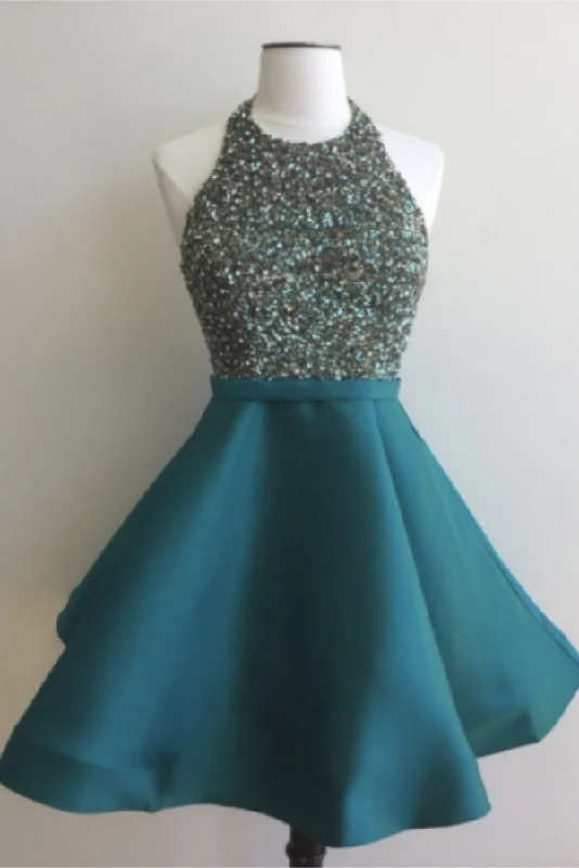 Peplum Hem DressFormal Halter Beading Short Satin Open Back Homecoming Graduation Dress K464 Peplum Hem DressFormal Halter Beading Short Satin Open Back Homecoming Graduation Dress K464