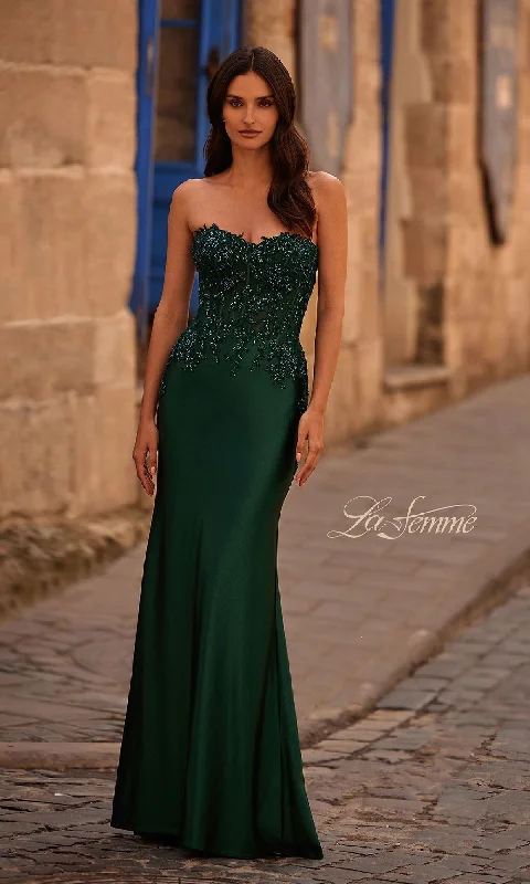women's apple-shaped body dressesLace-Corset Satin Prom Dress: La Femme 32582