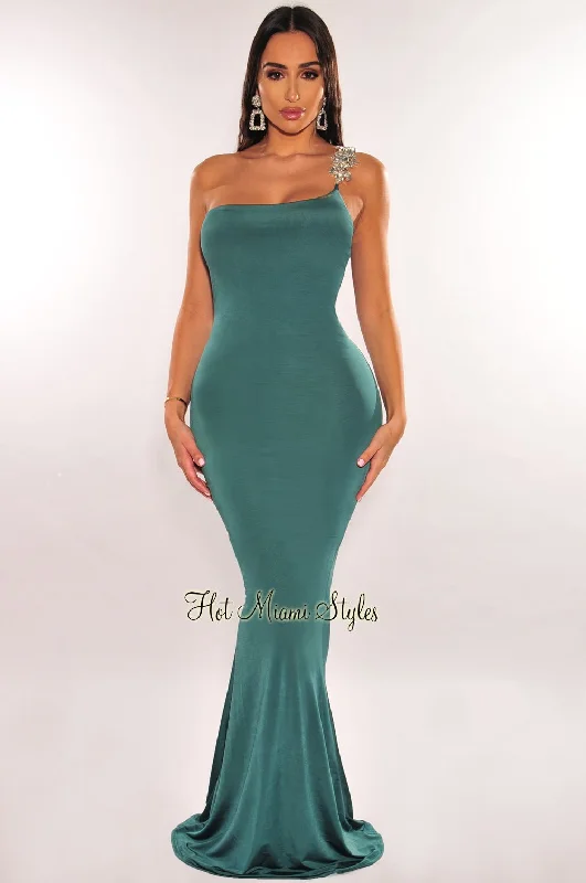 women's bodycon dressesEmerald Rhinestone Silky One Shoulder Gown