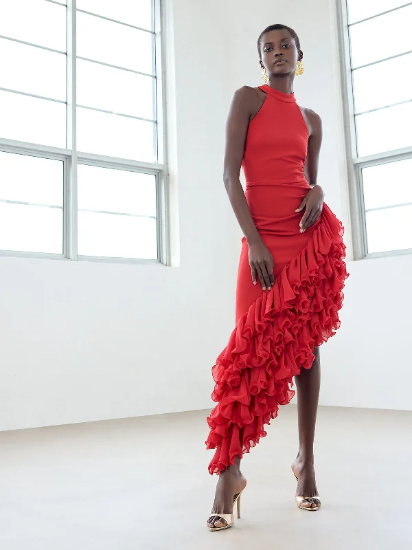 women's casual dressesRoberta Red Asymmetrical Gown