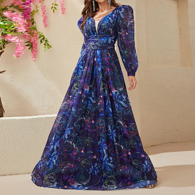 Minimalist DressChiffon Long Sleeve V Neck Printed Blue Gown