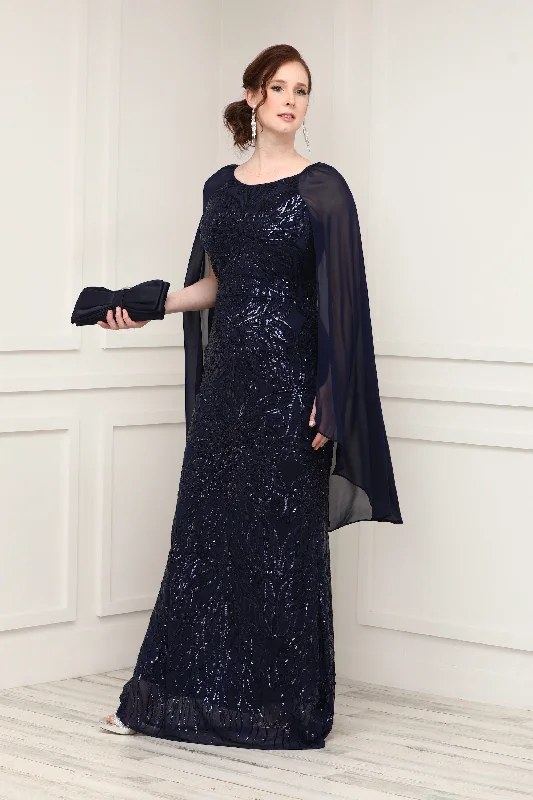 women's work dressesPetite Sequin Beaded Gown With Cape - Formal Gown