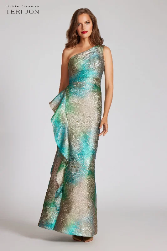 women's affordable dressesMetallic Starburst Pattern One Shoulder Gown