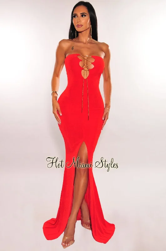 women's body-skimming dressesRed Ribbed Strapless Gold Chain Lace Up Slit Gown