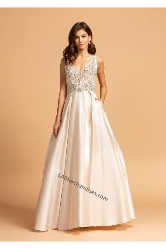 Knit DressLa Merchandise LAEL2261 Long A-line Satin Formal Dress With Pockets