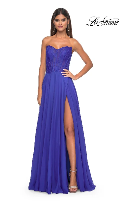 women's vintage dressesLa Femme Lace-Bodice Long A-Line Prom Dress 32311