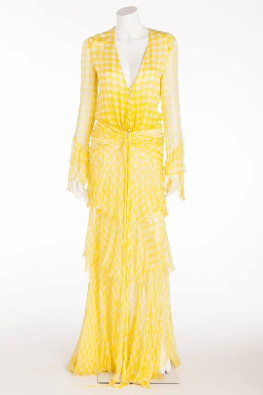 women's solid color dressesRoberto Cavalli - Yellow Plaid Chiffon Gown - IT 40