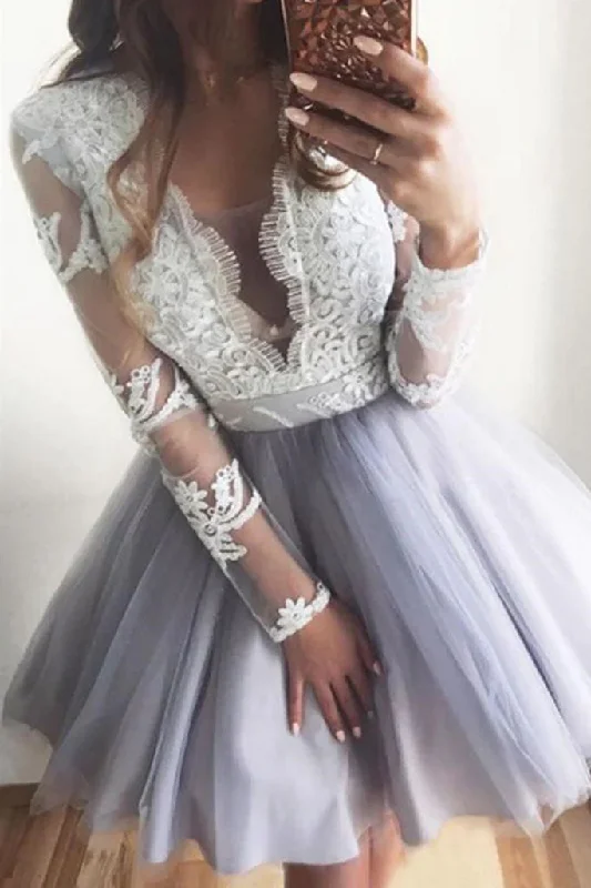 women's flutter-sleeved dressesV Neck Short Gray Homecoming Dress with White Lace Short Formal Graduation Dress OK1519 women's flutter-sleeved dressesV Neck Short Gray Homecoming Dress with White Lace Short Formal Graduation Dress OK1519