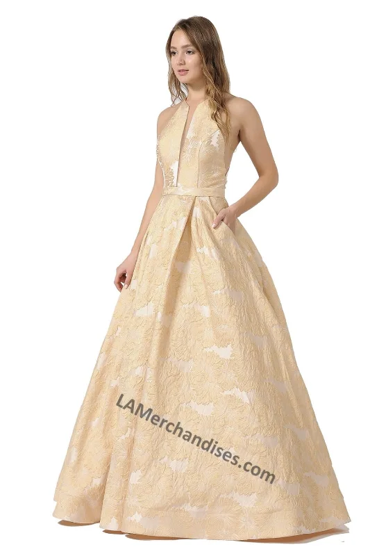 Leather DressLa Merchandise LAY8402 Long Halter Jacquard Ballgown with side pockets