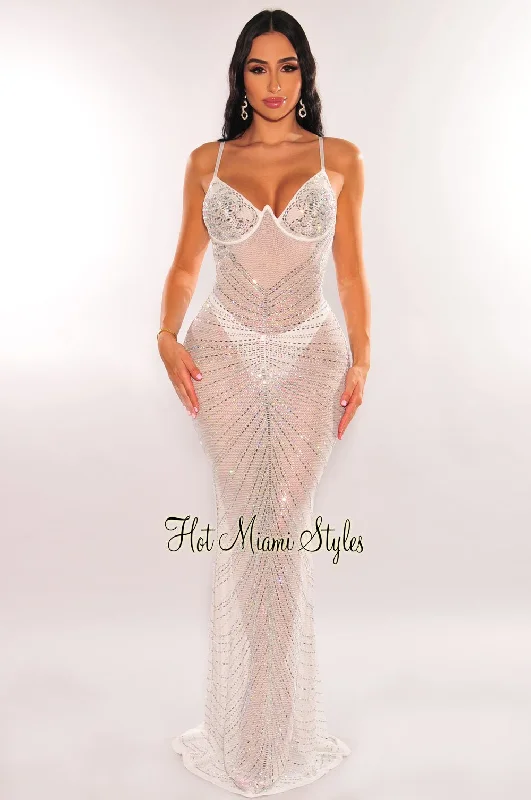 women's long-sleeved dressesWhite Mesh Rhinestone Underwire Mermaid Gown