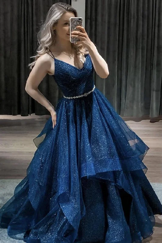 women's stretchy dressesNavy Blue Tulle Long A-line Ball Gown Dress Spaghetti Straps Beaded Formal Evening Dress OKX92