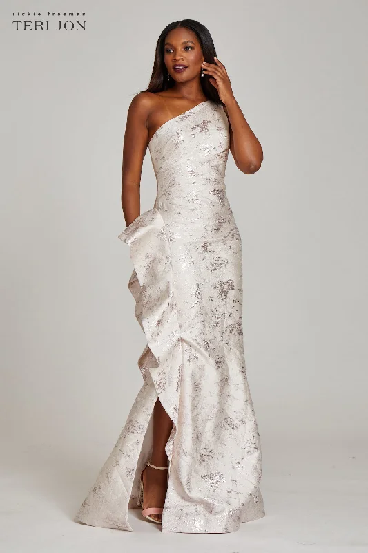 women's ethical fashion dressesJacquard One Shoulder Side Ruffle Gown