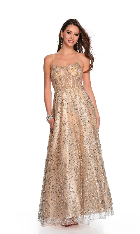 Denim DressLong Gold Prom Dress: Dave & Johnny 11534