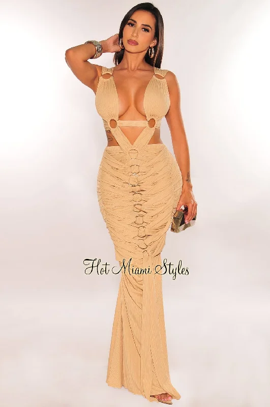 women's spaghetti strap dressesNude Ribbed Cut Out O-Ring Pleated Gown