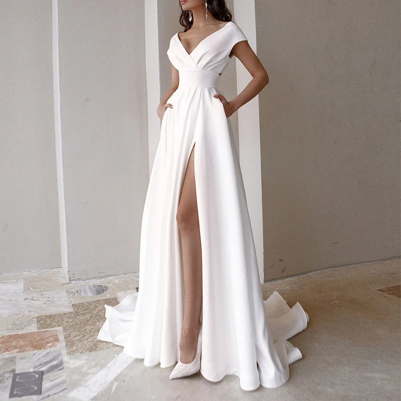 women's striped dressesMelrose White Off Shoulder Elegant Gown