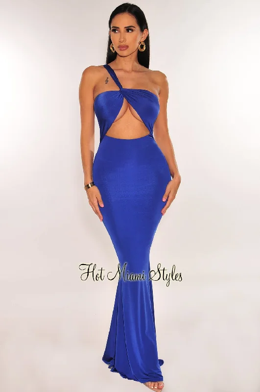women's wrap dressesRoyal Blue One Shoulder Cut Out Mermaid Gown
