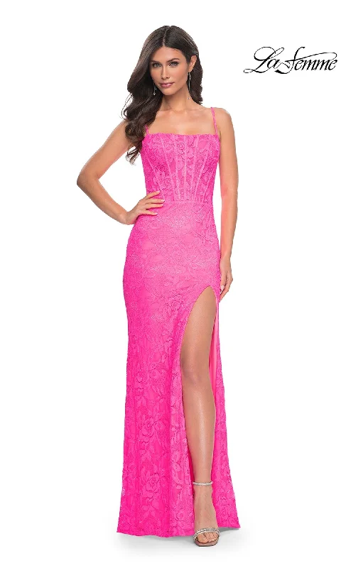 women's stretchy dressesNeon Pink Long Lace Prom Dress: La Femme 32423