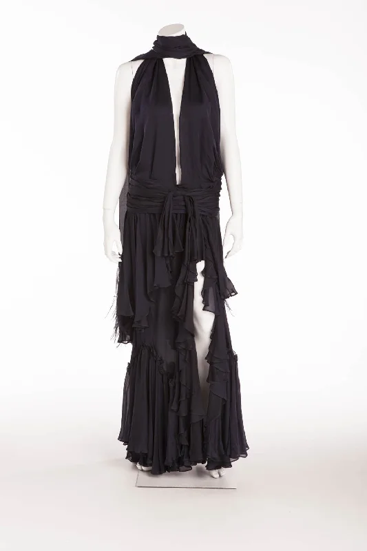 women's cotton dressesRoberto Cavalli - Midnight Blue Long Gown with Ostrich Fringe Scarf - IT 42 women's cotton dressesRoberto Cavalli - Midnight Blue Long Gown with Ostrich Fringe Scarf - IT 42