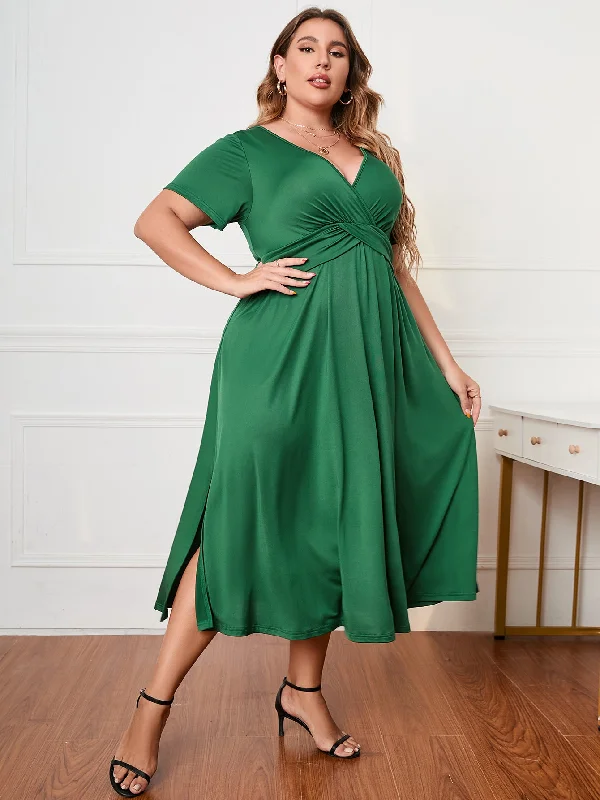 Glamour DressSemi Formal Green V Neck Plus Size Dress
